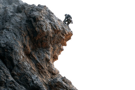Athlete climbing a rope against towering rock cliffs forming a rectangular stone frame, symbolizing adventure, strength, and outdoor challenge.の素材