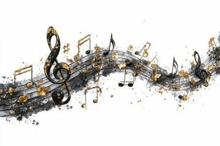 musical notes and staff lines accented with golden paint splashes, symbolizing creativity, rhythm, and musical expression.の素材