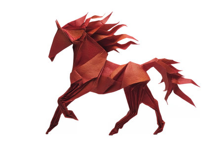 Red origami horse with flame-inspired folds symbolizing the fiery spirit of 2026, creativity, strength, and festive New Year celebration.の素材