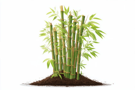 Lush cluster of green bamboo stalks emerging from rich soil, symbolizing growth, sustainability, and natural harmony.の素材