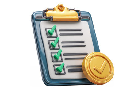 clipboard checklist with green check marks and a gold coin, symbolizing financial planning and task completion.の素材