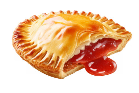 Classic Australian meat pie with a golden flaky crust, partially bitten to reveal the savory filling, with bright tomato sauce generously overflowing from the side, isolated on white background.の素材