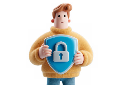 business character showing a shield with a padlock, symbolizing cybersecurity, data protection, and online safety.の素材