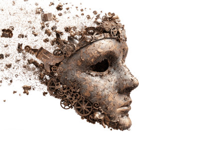Weathered metallic face mask with exposed gears and clockwork, dissolving into particlesâsurreal steampunk concept for identity, time, AI, and transformation.の素材
