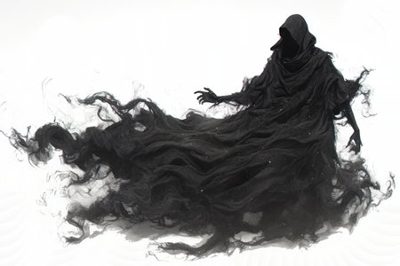 Dark hooded figure without a face, its form dissolving into swirling black mist, creating an ominous and supernatural presence.の素材
