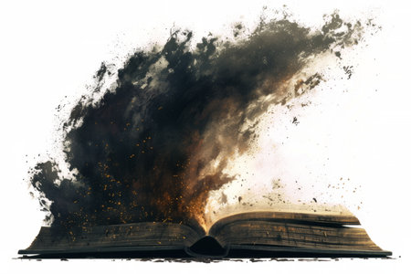 Silhouette of an ancient book opening, releasing a dramatic plume of dark soot fog and scattered glowing ember flecks into the air.の素材