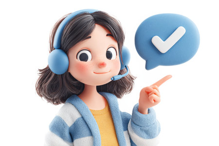 Friendly female support agent in blue headset with chat checkmarkâflat vector on white symbolizing verified service, trust, and reliable assistance.の素材