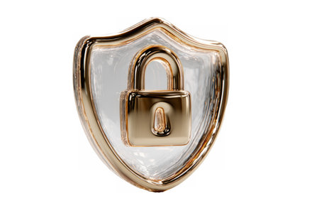 clear glass shield featuring a golden padlock, symbolizing security, privacy, and strong data protection.の素材
