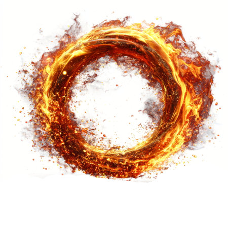 Dramatic circular ring of fire with glowing sparks and smoke on white background, symbolizing energy, power, danger, and intensity.の素材
