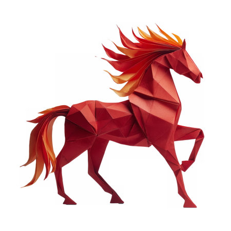Red origami horse with flame-inspired folds symbolizing the fiery spirit of 2026, creativity, strength, and festive New Year celebration.の素材