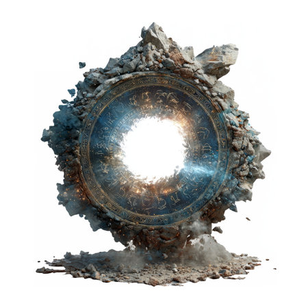 Dramatic depiction of a dark ornate circular portal breaking apart into flying debris, revealing a bright white glowing center.の素材