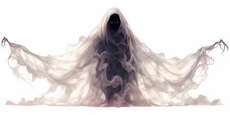 Ethereal ghostly silhouette without facial features, sculpted from flowing black mist and twisting vapor ribbons for a haunting atmosphere.の素材