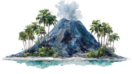 Dark rocky volcanic island emitting smoke from its crater, surrounded by tall palm trees and encircled by turquoise water.の素材