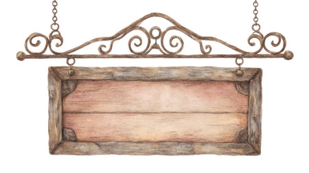 Empty rustic wooden sign with decorative wrought iron scrolls and a hanging chain, perfect for shops, taverns, or signage designs.の素材