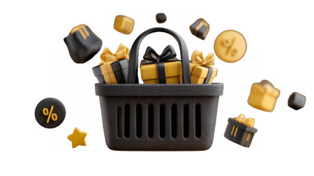 Stylish black shopping basket filled with golden-wrapped gift boxes and floating percent symbols, symbolizing discounts, sales, and special offers.の素材