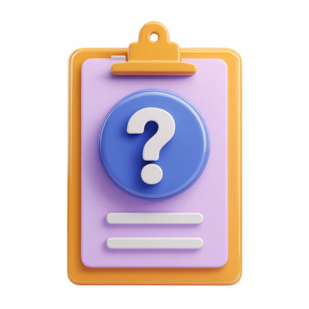 Colorful 3D clipboard featuring a blue circle with a white question mark and checklist lines, representing help, queries, or FAQs.の素材