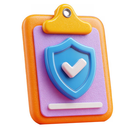 Colorful 3D clipboard featuring a blue shield icon and checklist lines, symbolizing protection, safety policies, or security compliance.の素材