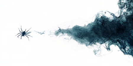 Large black spider with sharp legs, its body and limbs emerging from curling smoky wisps, creating a dark and eerie appearance.の素材