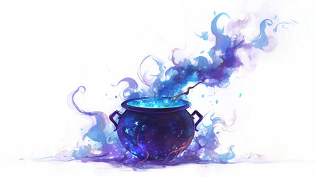 Simple black cauldron shape releasing a tall, swirling plume of dark mist, accented by tiny glowing spark-like motes in the air.の素材