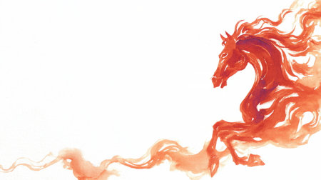 Small red fire horse dashes forward, leaving a golden spark trailâfestive artwork for 2026 zodiac greetings and New Year designs.の素材
