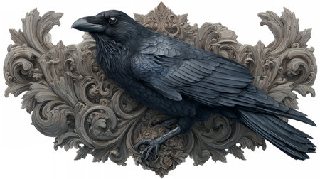 Intricately designed black raven sculpture with ornate floral and baroque details, symbolizing mystery, gothic art, and dark decorative style.の素材