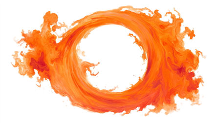 molten lava ring emitting intense flames and sparks, surrounded by crumbling rock fragments in mid-air.の素材