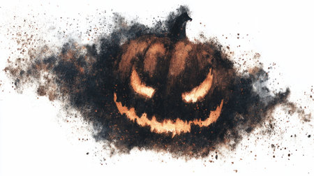 Halloween-themed dark pumpkin shape materializing through inky black clouds and drifting soot wisps, with faint glowing embers adding an ominous touch.の素材
