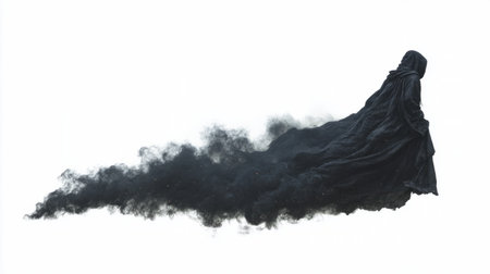 Dark hooded figure without a face, its form dissolving into swirling black mist, creating an ominous and supernatural presence.の素材