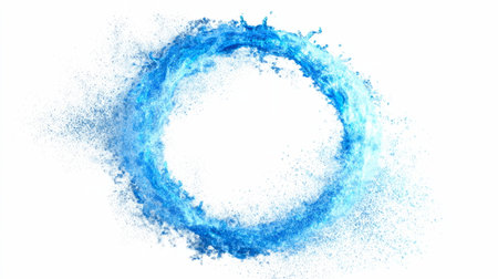 Dynamic splash of blue water creating a circular ring shape with scattered dropletsの素材