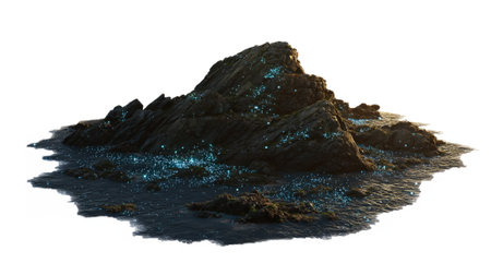 Rocky tropical island covered in greenery with a magical glowing cave filled with blue star-like lights, surrounded by ocean water.の素材