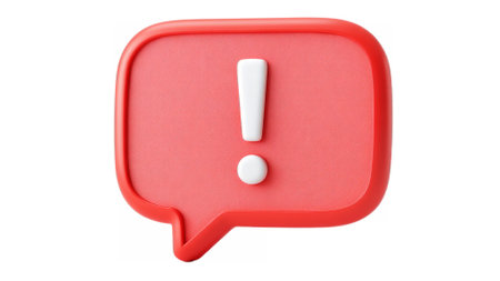 3D red speech bubble featuring a raised white exclamation mark symbol, representing alert, warning, urgency, or important message.の素材