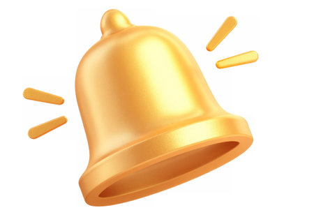 Bright golden bell rendered with glossy highlights, surrounded by small star shapes and spark elements on a light background.の素材