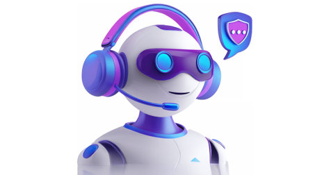 Friendly 3D AI assistant wearing headset and visor, with chat shield iconâsecure, private, trustworthy customer support for websites and apps.の素材