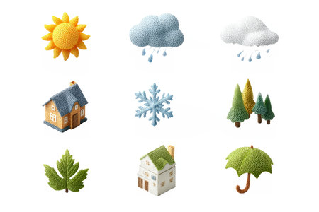weather and seasonal icons including sun, clouds, rain, snowflakes, wind turbine, thermometer, leaves, and umbrella.の素材