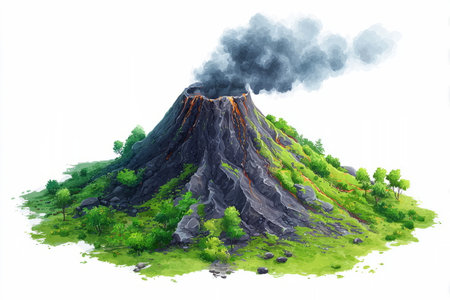 Tall volcanic mountain with dark rocky peak and light smoke rising, covered in green vegetation along its slopes, against a white background.の素材