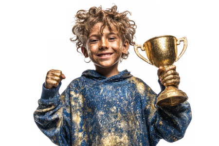 Smiling young child with curly blonde hair wearing a yellow sweater, proudly holding a shiny golden trophy in one hand and raising a fist in celebration with the other, standing against a plain light background.の素材