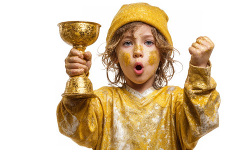 Smiling young child with curly blonde hair wearing a yellow sweater, proudly holding a shiny golden trophy in one hand and raising a fist in celebration with the other, standing against a plain light background.の素材