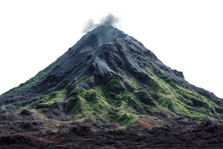 Tall volcanic mountain with dark rocky peak and light smoke rising, covered in green vegetation along its slopes, against a white background.の素材