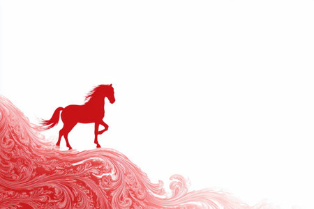 Minimal pattern with red clouds in opposite corners and a small fire horse silhouetteâclean 2026 Year of the Fire Red Horse greeting.の素材