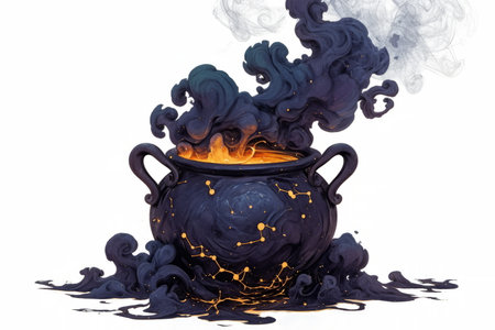 Simple black cauldron shape releasing a tall, swirling plume of dark mist, accented by tiny glowing spark-like motes in the air.の素材