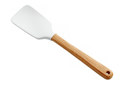 Minimalist slotted kitchen spatula featuring a beige silicone head and a smooth wooden handle, perfect for non-stick cookware and cooking.の素材