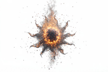 spiky meteor glowing with starburst embers and curling flames, isolated on white for cosmic or sci-fi themes.の素材