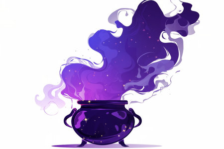 Simple black cauldron shape releasing a tall, swirling plume of dark mist, accented by tiny glowing spark-like motes in the air.の素材