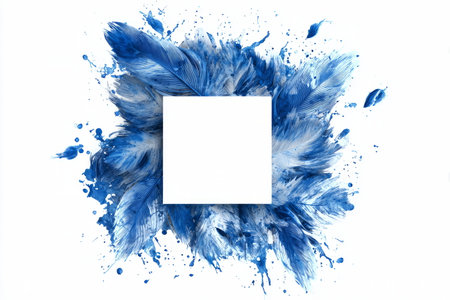 Artistic square frame created from overlapping blue feathers and decorative ink splashes, symbolizing creativity, boho style, and natural elegance.の素材