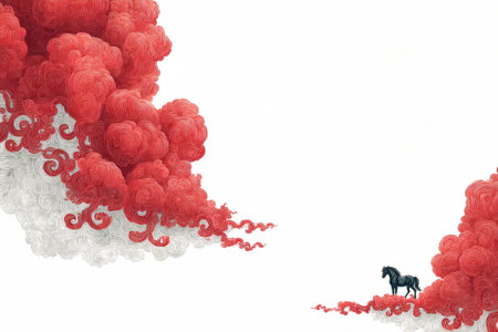 Minimal pattern with red clouds in opposite corners and a small fire horse silhouetteâclean 2026 Year of the Fire Red Horse greeting.の素材