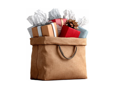 A kraft paper box filled with multiple beautifully wrapped gifts in brown paper and silver ribbons, showcasing a rustic and eco-friendly holiday or celebration theme.の素材