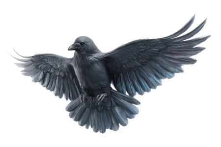 Detailed illustration of a black raven with wings fully open, symbolizing mystery, intelligence, gothic themes, and dark atmospheric concepts.の素材