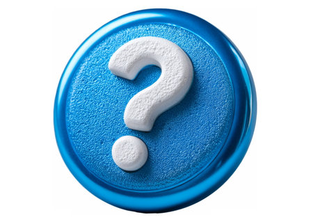 3D glossy blue circular button featuring a raised white question mark symbol, representing help, inquiry, support, and information requests.の素材