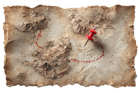 Tattered parchment treasure map with dotted red trail, mountains, and compass rose, marked by a red pushpinâadventure, navigation, exploration.の素材
