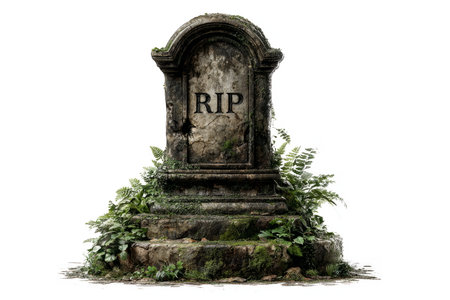 Weathered stone tombstone with RIP carved into its surface, covered in moss, symbolizing death, remembrance, and Halloween decoration.の素材